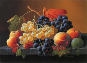 Still Life of Fruit on a Marble Tabletop by Severin Roesen Oil Painting