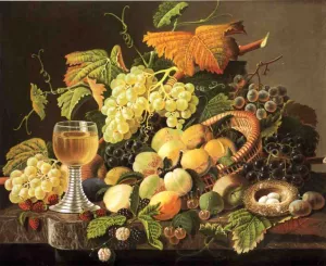 Still Life with Fruit, Bird's Nest and Wine Glass by Severin Roesen Oil Painting