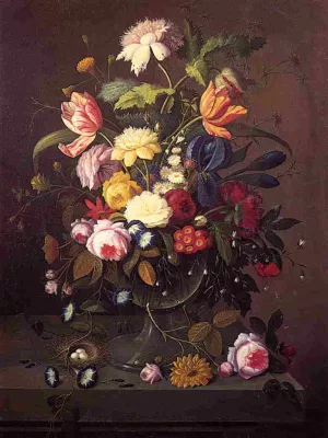 Vase of Flowers in Footed Glass Bowl with Bird's Nest by Severin Roesen Oil Painting