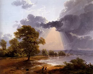 A River Landscape With an Approaching Storm, Figures Running In the Foreground Oil painting by Simon Dennis