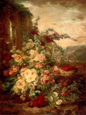 A Book on a Plinth by a Rose Bush at the Ruins Oil painting by Simon Saint-Jean