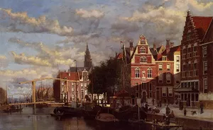 A Canal in Amsterdam Oil painting by Abraham Hulk Snr.