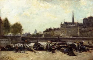 The Apple Market, Quai de Gesvres and Quai de l'Hotel de Ville, near the Pont d'Arcole by Stanislas Lepine Oil Painting