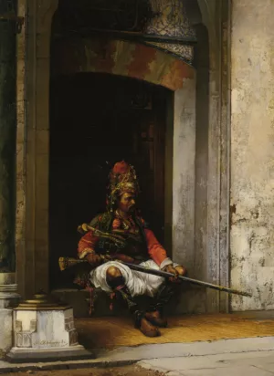 A Seated Bashi Bazouk by Stanislaus Von Chlebowski Oil Painting