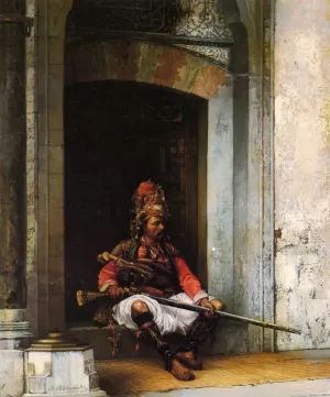 Seated Bashi-Bazouk with a Rifle by Stanislaus Von Chlebowski Oil Painting