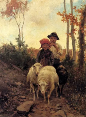 Children With Sheep On A Path by Stefano Bruzzi Oil Painting