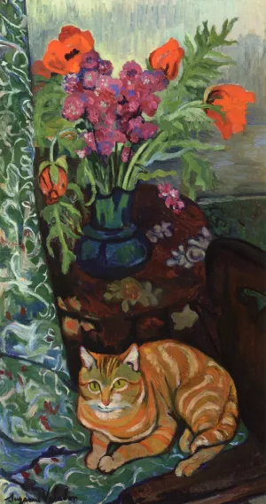 Cat Lying in front of a Bouquet of Flowers by Suzanne Valadon Oil Painting