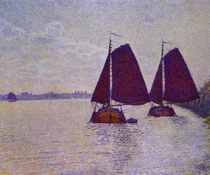 Barges on the River Scheldt by Theo Van Rysselberghe Oil Painting