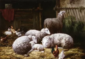 Sheep, Roosters and Chickens in a Barn by Theo Van Sluys Oil Painting
