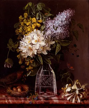 Still Life of Lilacs and Other Flowers in a Glass Vase, Sprigs Of Honeysuckles, and a Bird Perched on a Nest, All Resting on a Marble Ledge by Theodore Jozef Sax Oil Painting