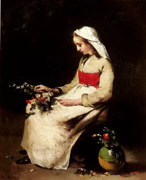 A Girl Arranging A Vase Of Flowers by Theodule Augustine Ribot Oil Painting