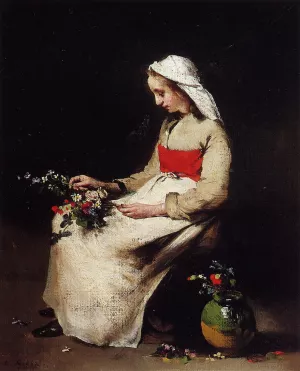 Girl Arranging a Vase of Flowers by Theodule Augustine Ribot Oil Painting