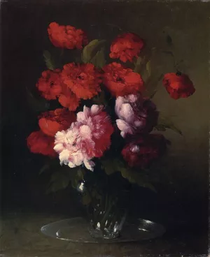 Peonies and Poppies in a Glass Vase by Theodule Augustine Ribot Oil Painting
