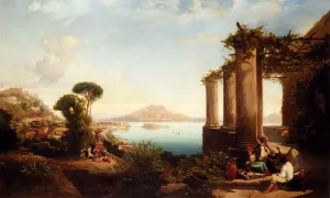The Castle Of Ischia, In The Bay Of Naples, Mount Vesuvius Beyond by Thomas Brabazon Aylmer Oil Painting