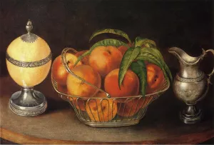 Basket of Peaches with Ostrich Egg and Cream Pitcher by Thomas Couture Oil Painting