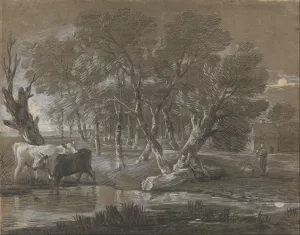 A Moonlit Landscape with Cattle by a Pool by Thomas Gainsborough Oil Painting