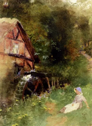 A Young Girl Seated Near A Watermill by Thomas Mackay Oil Painting