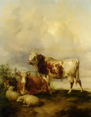 A Bull and Cow with Two Sheep and Goat Oil painting by Thomas Sidney Cooper