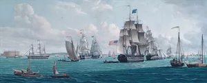 The U. S. Ship Franklin, with a View of the Bay of New York by Thomas Thompson Oil Painting