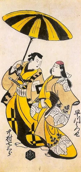 Two Lovers Under an Umbrella Oil painting by Torii Kiyonobu