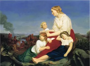 Woman and Children, with Indian Massacre in the Background also known as Taken Captive by the Indians by Trevor Mcclurg Oil Painting