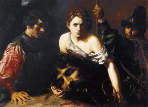 David with the Head of Goliath and Two Soldiers by Valentin De Boulogne Oil Painting