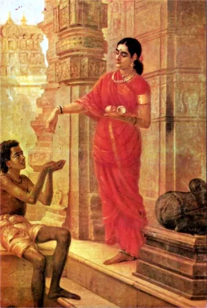 Lady Giving Alms at the Temple by Raja Ravi Varma Oil Painting