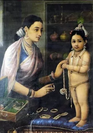 Yasoda Adorning Bala Krishna by Raja Ravi Varma Oil Painting