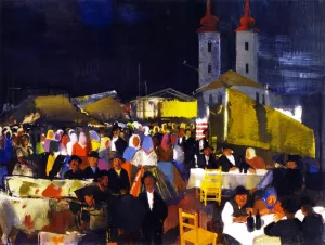 Figures in a Village Market by Vilmos Aba Novak Oil Painting