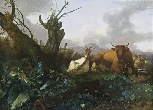 Cow, Goats and Sheep in a Meadow by Willem Romeijn Oil Painting