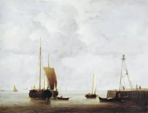 A Dutch Hoeker at Anchor near a Pier by Willem Van De Velde The Younger Oil Painting