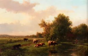 A Landscape with Cows on a Riverbank, a Farm Beyond by Willem Vester Oil Painting
