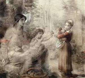 Peasant Girl Offering Flowers to a Woman and Child by William P Babcock Oil Painting