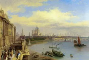 Figures Promenading Outside Somerset House, St. Paul's Cathedral Beyond by William Parrott Oil Painting