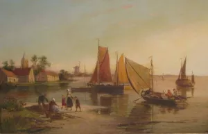 Shore View with Figures by Boats by William Raymond Dommersen Oil Painting
