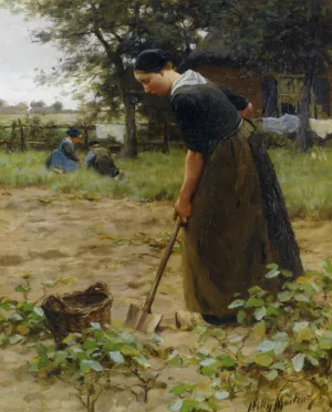 At Work in the Garden by Willy Martens Oil Painting