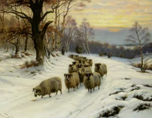 A Shepherd and His Flock on a Path in Winter by Wright Barker Oil Painting